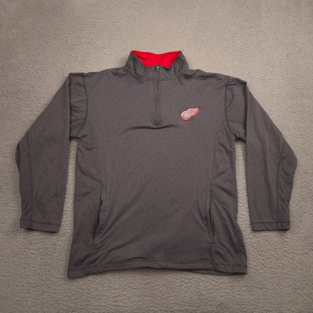 NHL Red Wings Quarter Zip Pullover Men Medium Gray Red Logo Long Sleeve
